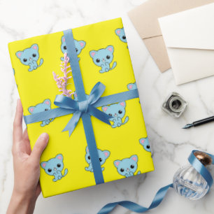 Papel De Regalo Cuidado gatito azul rebote sobre amarillo