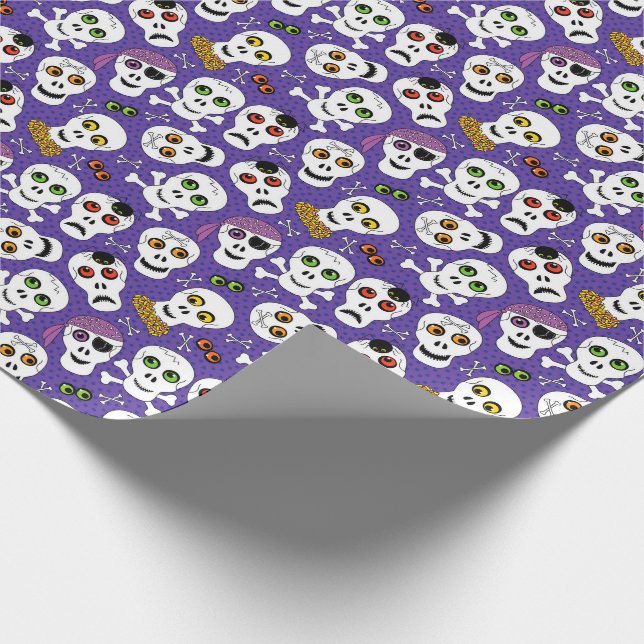 Papel De Regalo Cuidados cráneos de Halloween en morado (Esquina)