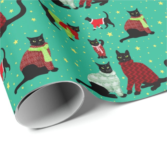 Papel De Regalo Cuidados gatos negros en suéteres Navidades (Esquina del rollo)