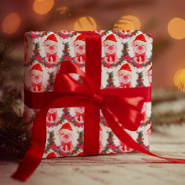 Papel De Regalo Cuidados Navidades Cerdo Blanco y Rojo Funny Acuar