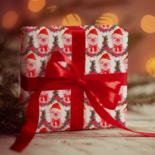 Papel De Regalo Cuidados Navidades Cerdo Blanco y Rojo Funny Acuar