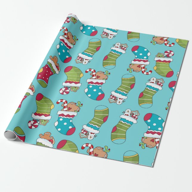 Papel De Regalo Cuidados Navidades verdes rojos y azules (Desenrollado)