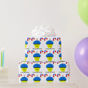 Papel De Regalo Cumpleaños 10 Azul Cupcake Globos Personalizar EDA