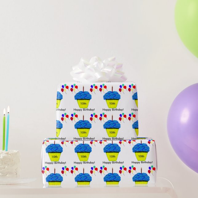 Papel De Regalo Cumpleaños 10 Azul Cupcake Globos Personalizar EDA (Regalos de fiesta)