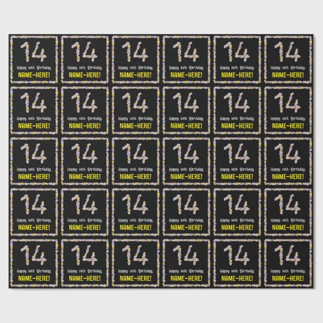 Papel De Regalo Cumpleaños 14: Flores Florales Número, Nombre Pers (Superficie plana)