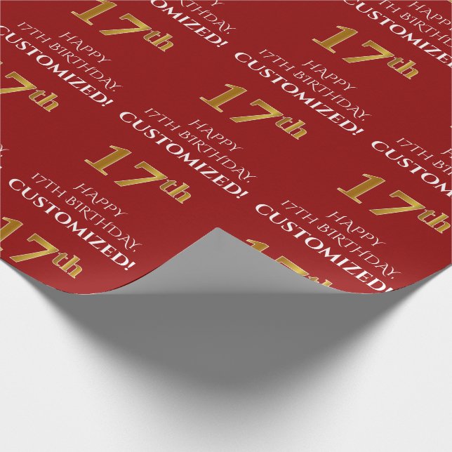 Papel De Regalo Cumpleaños 17: Elegante, Rojo, Faux Gold Look (Esquina)