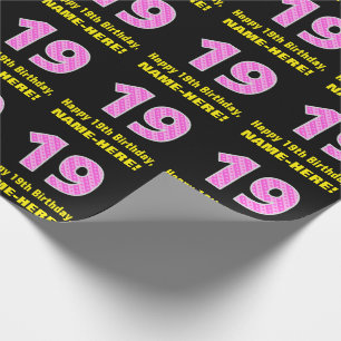 Papel De Regalo Cumpleaños 19: Rayas rosadas y corazones "19" + No