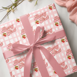 Papel De Regalo Cumpleaños 1 de Berry Rosa Blanco Rayas Fresa