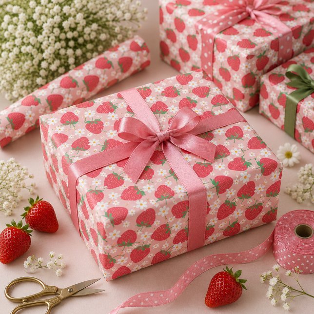 Papel De Regalo Cumpleaños 1 de Fresa Dulce (Berry Sweet Strawberry 1st Birthday Party Wrapping Paper)
