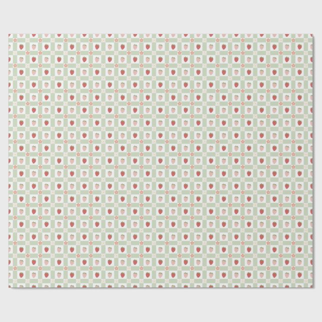 Papel De Regalo Cumpleaños 1 pastel de gingham de fresa verde (Superficie plana)