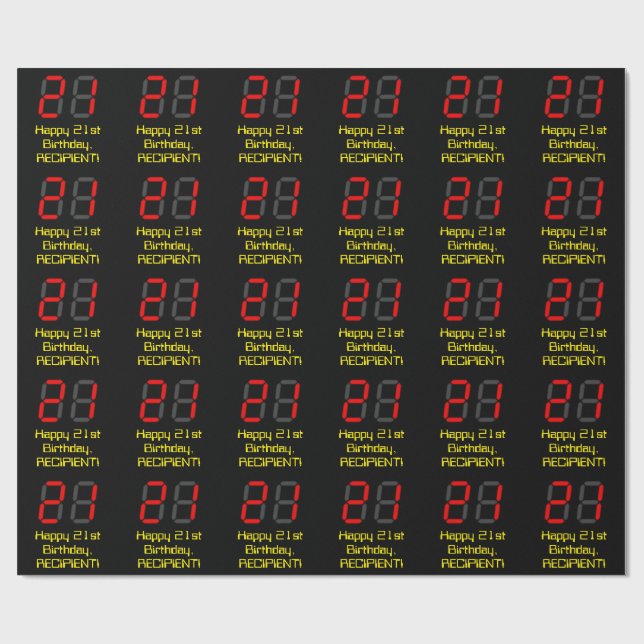 Papel De Regalo Cumpleaños 21: Estilo reloj digital rojo "21" + No (Superficie plana)