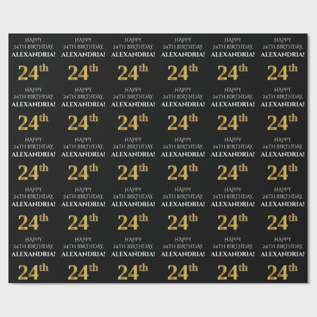 Papel De Regalo Cumpleaños 24: Elegante, negro, falso oro (Superficie plana)