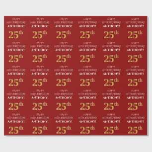 Papel De Regalo Cumpleaños 25: Elegante, Rojo, Faux Gold Look