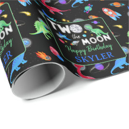 Papel De Regalo Cumpleaños 2 Dos a la Luna Dinosaurio Astronauta