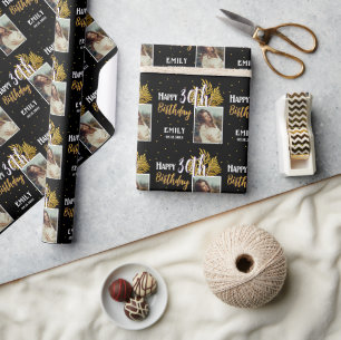 Papel De Regalo Cumpleaños 30 Elegante con Hojas en Negro y Dorado