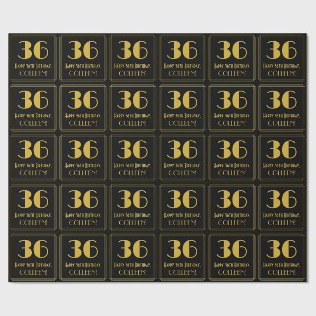 Papel De Regalo Cumpleaños 36 ~ Estilo Art Deco "36", Nombre (Superficie plana)