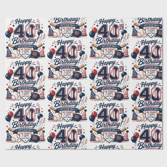 Papel De Regalo Cumpleaños 40 de temática de béisbol (Superficie plana)