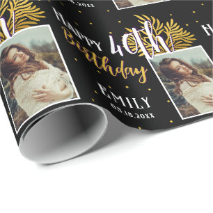 Papel De Regalo Cumpleaños 40 Elegante con Hojas en Negro y Dorado
