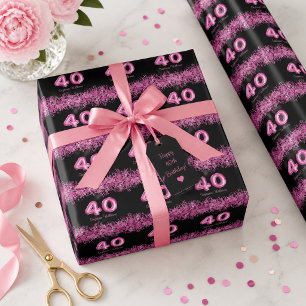 Papel De Regalo Cumpleaños 40 Negro, Globos Rosados   Brillo Falso