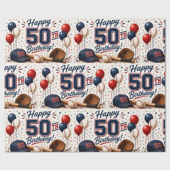 Papel De Regalo Cumpleaños 50 de béisbol  (Superficie plana)