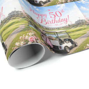 Papel De Regalo Cumpleaños 50 de golfista con tema rosa
