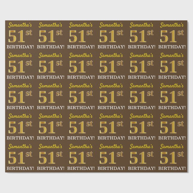 Papel De Regalo Cumpleaños "51" con aspecto de oro imitación (Superficie plana)