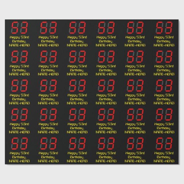 Papel De Regalo Cumpleaños 53: Estilo reloj digital rojo "53" + No (Superficie plana)