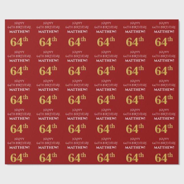 Papel De Regalo Cumpleaños 64: Elegante, Rojo, Faux Gold Look (Superficie plana)