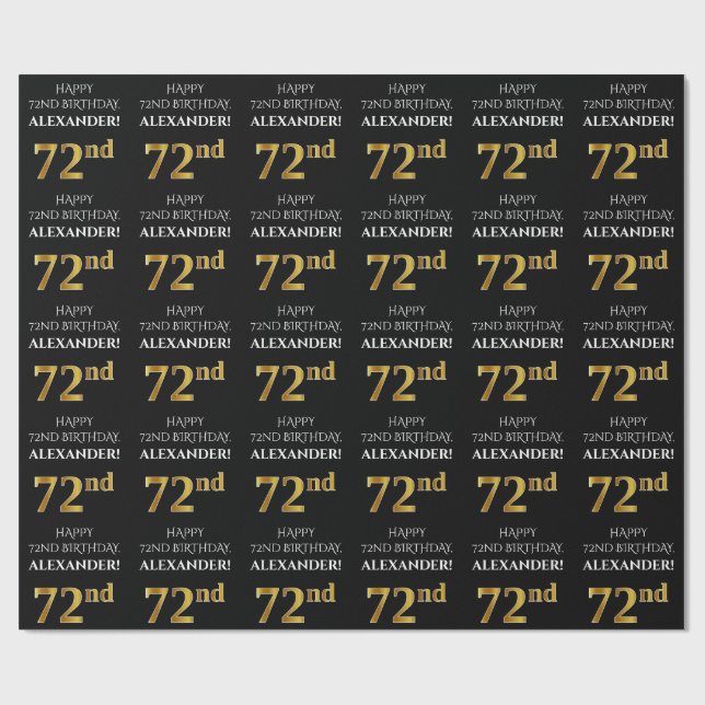 Papel De Regalo Cumpleaños 72: Elegante, negro, falso oro (Superficie plana)