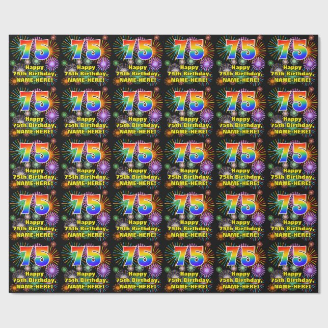 Papel De Regalo Cumpleaños 75: Fuegos artificiales divertidos, asp (Superficie plana)