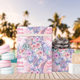 Papel De Regalo Cumpleaños 7 Cola de Sirena Brillo Flor