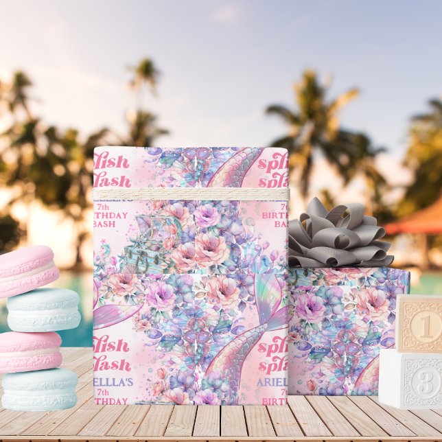 Papel De Regalo Cumpleaños 7 Cola de Sirena Brillo Flor (Subido por el creador)