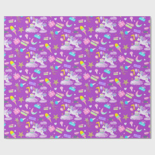 Papel De Regalo Cumpleaños 7 Unicornio Patrón Púrpura