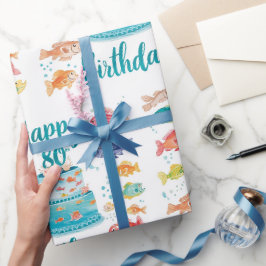 Papel De Regalo Cumpleaños 80 del amante de la pesca Acuarela