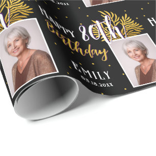 Papel De Regalo Cumpleaños 80 Elegante con Hojas en Negro y Dorado