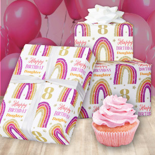 Papel De Regalo Cumpleaños 8 de hija Glitter Rosa Arcoíris