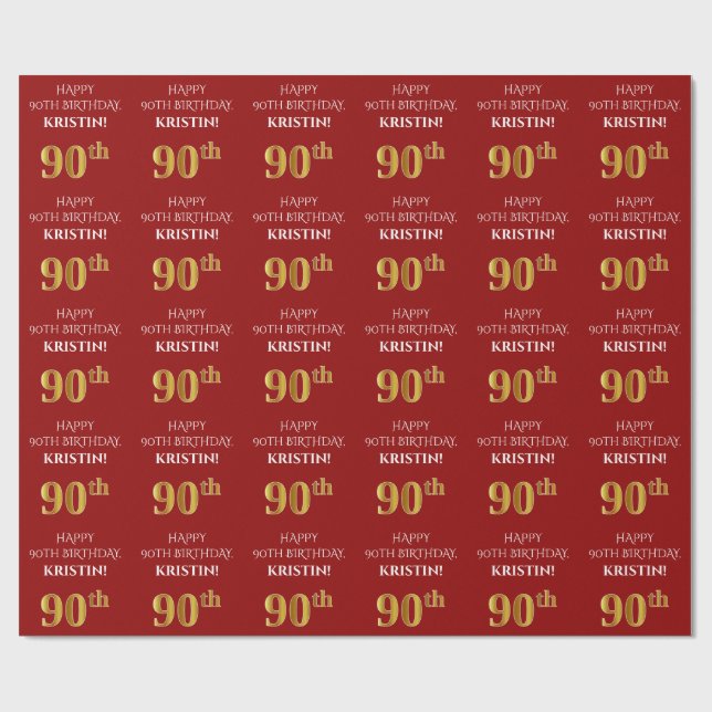 Papel De Regalo Cumpleaños 90: Elegante, Rojo, Faux Gold Look (Superficie plana)