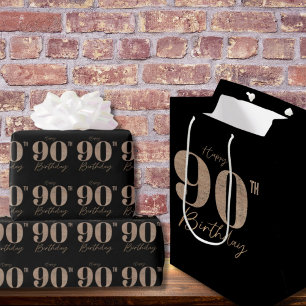 Papel De Regalo Cumpleaños 90 Negro y Dorado con Brillo