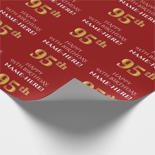 Papel De Regalo Cumpleaños 95: Elegante, Rojo, Faux Gold Look (Esquina)