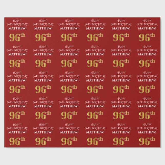 Papel De Regalo Cumpleaños 96: Elegante, Rojo, Faux Gold Look (Superficie plana)