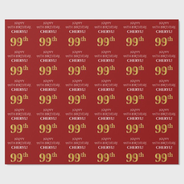 Papel De Regalo Cumpleaños 99: Elegante, Rojo, Faux Gold Look (Superficie plana)
