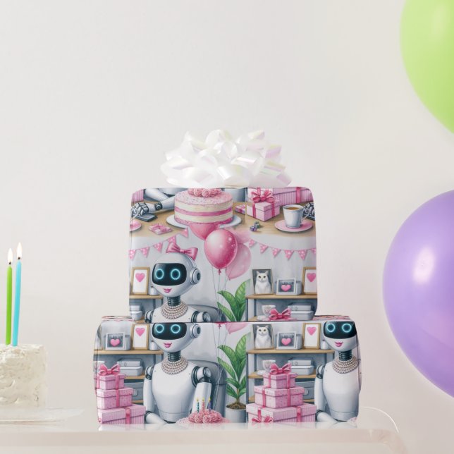 Papel De Regalo Cumpleaños Ai Robot Pink Sparkle Balloons (Regalos de fiesta)