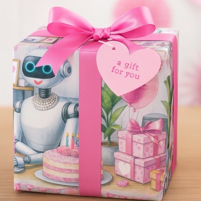 Papel De Regalo Cumpleaños Ai Robot Pink Sparkle Balloons (Wrapped in whimsy, this robot-themed birthday gift brings futuristic charm to your celebration.)