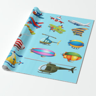 Papel De Regalo Cumpleaños Azul Patrón Aviones de Dibujos Animados