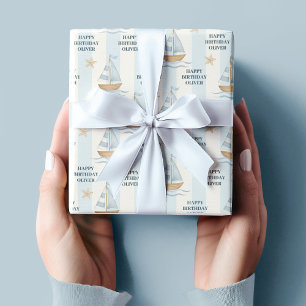 Papel De Regalo Cumpleaños   Barco de vela azul Pastel
