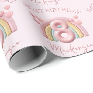 Papel De Regalo Cumpleaños Brillante 3D Arcoíris 8 para Niña Rosa