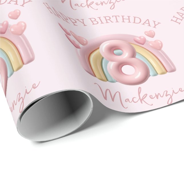Papel De Regalo Cumpleaños Brillante 3D Arcoíris 8 para Niña Rosa (Esquina del rollo)