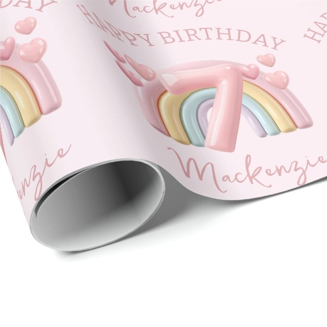 Papel De Regalo Cumpleaños Brillante Arcoíris 3D Fiesta de 7 Años  (Esquina del rollo)