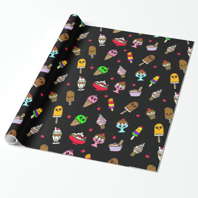 Papel De Regalo Cumpleaños caprichoso de helado y cerezas (Desenrollado)