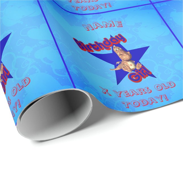 Papel De Regalo Cumpleaños Chica Cute Dinosaurio Personalizado (Esquina del rollo)